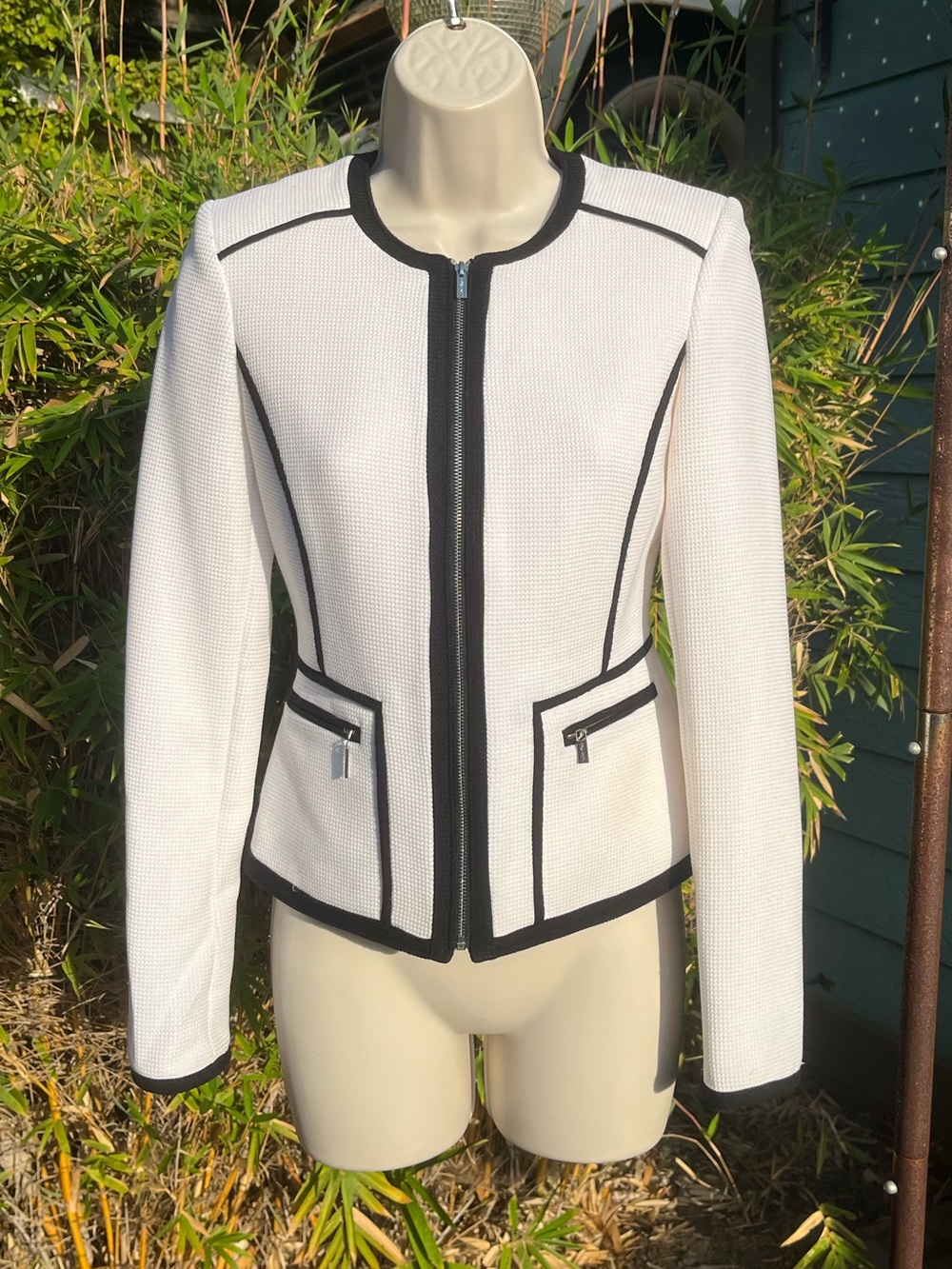 Calvin Klein Textured Moto Jacket White w/ Black Piping